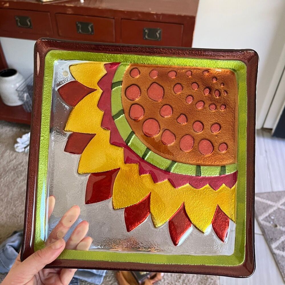 Sunflower Cottagecore Farmhouse Art Glass Decorative Serving Plate Tray VTG